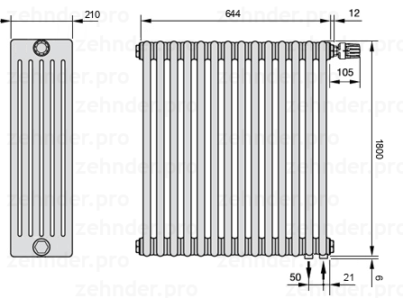 Схема (чертеж) Радиатор Zehnder Charleston 6180/14 №V002 Белый глянцевый RAL 9016